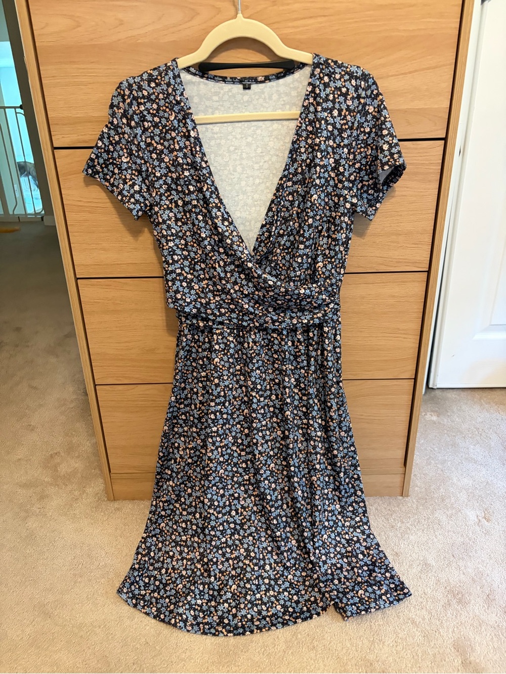 Wrap-Style Floral Midi Nursing Dress in Navy Blue